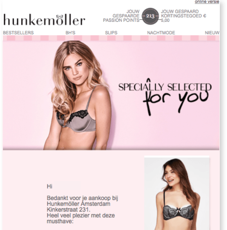 Personalized email from Hunkemöller loyalty program