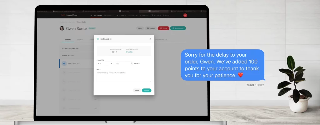 Customer service message sent to a loyalty member