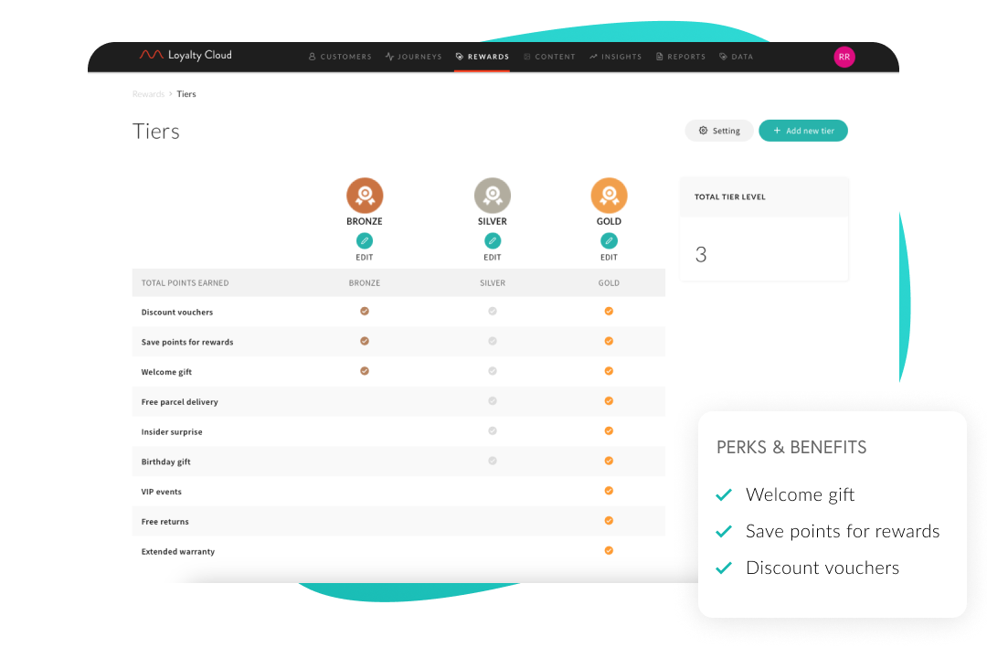 Example of loyalty tier levels created on m–wise Loyalty Cloud