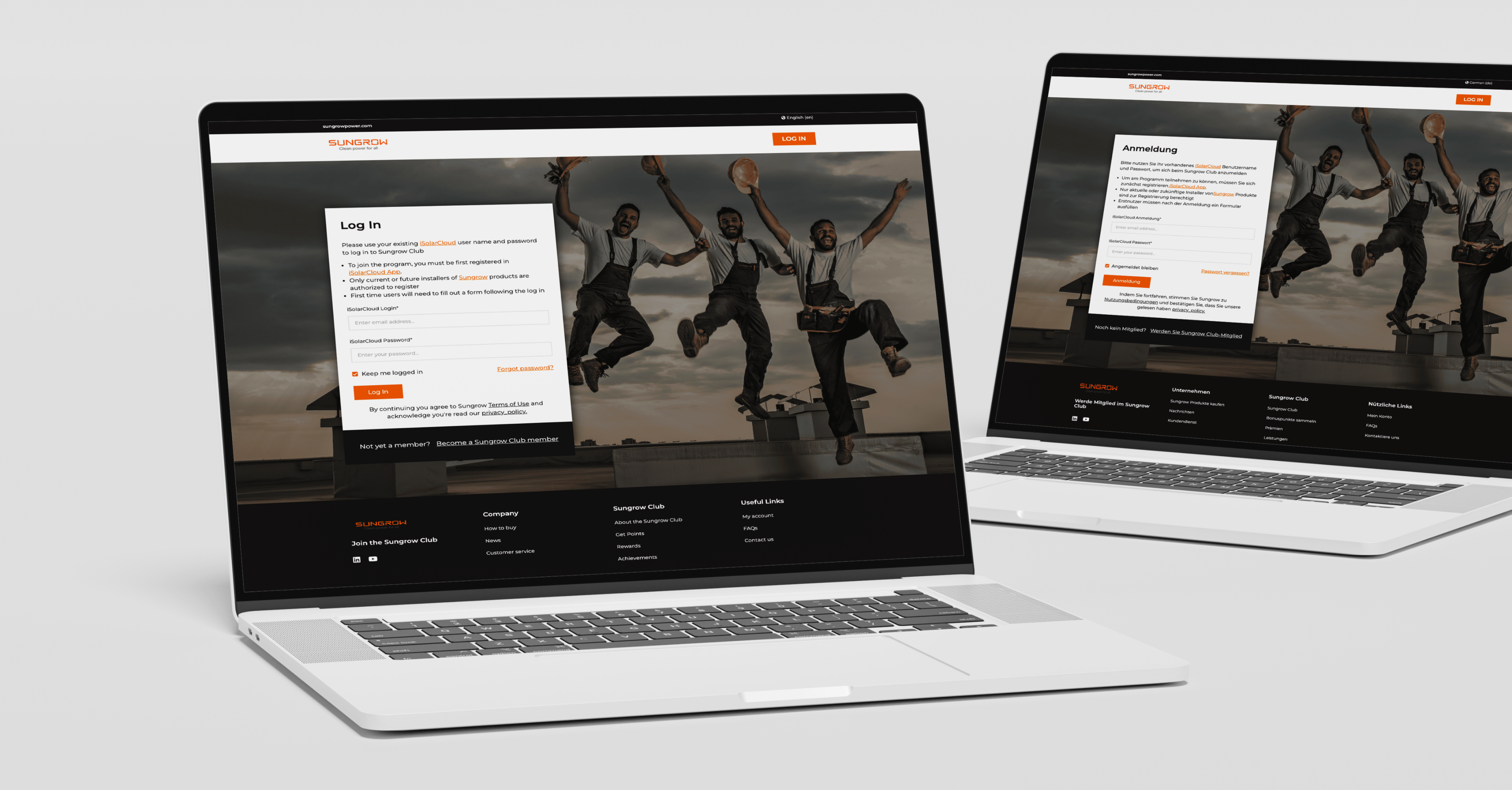 Sungrow Club log-in screens in English and German