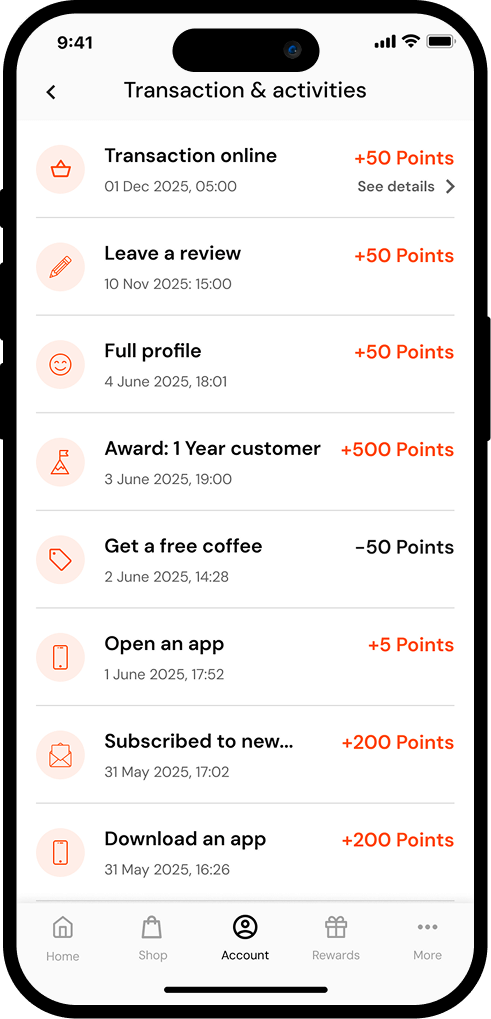 m-wise-Loyalty Cloud app activities screen